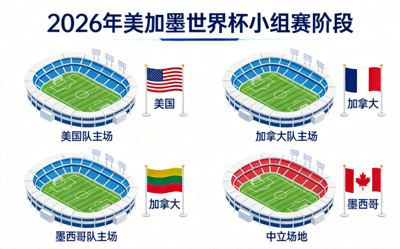 2026年美加墨世界杯小组赛阶段示意图 - 多个足球场与国旗组合